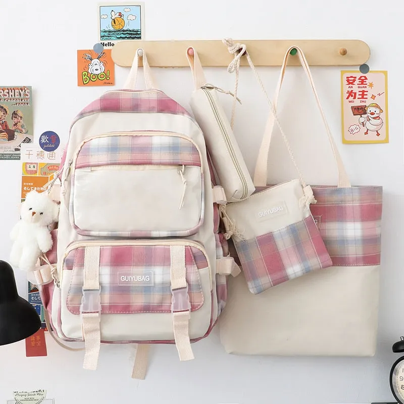 4 Pcs Women Backpack Kawaii Plaid School Bag Mochila Cute Book Schoolbag for Teenage Girl Travel Bagpack Large Capacity Rucksack