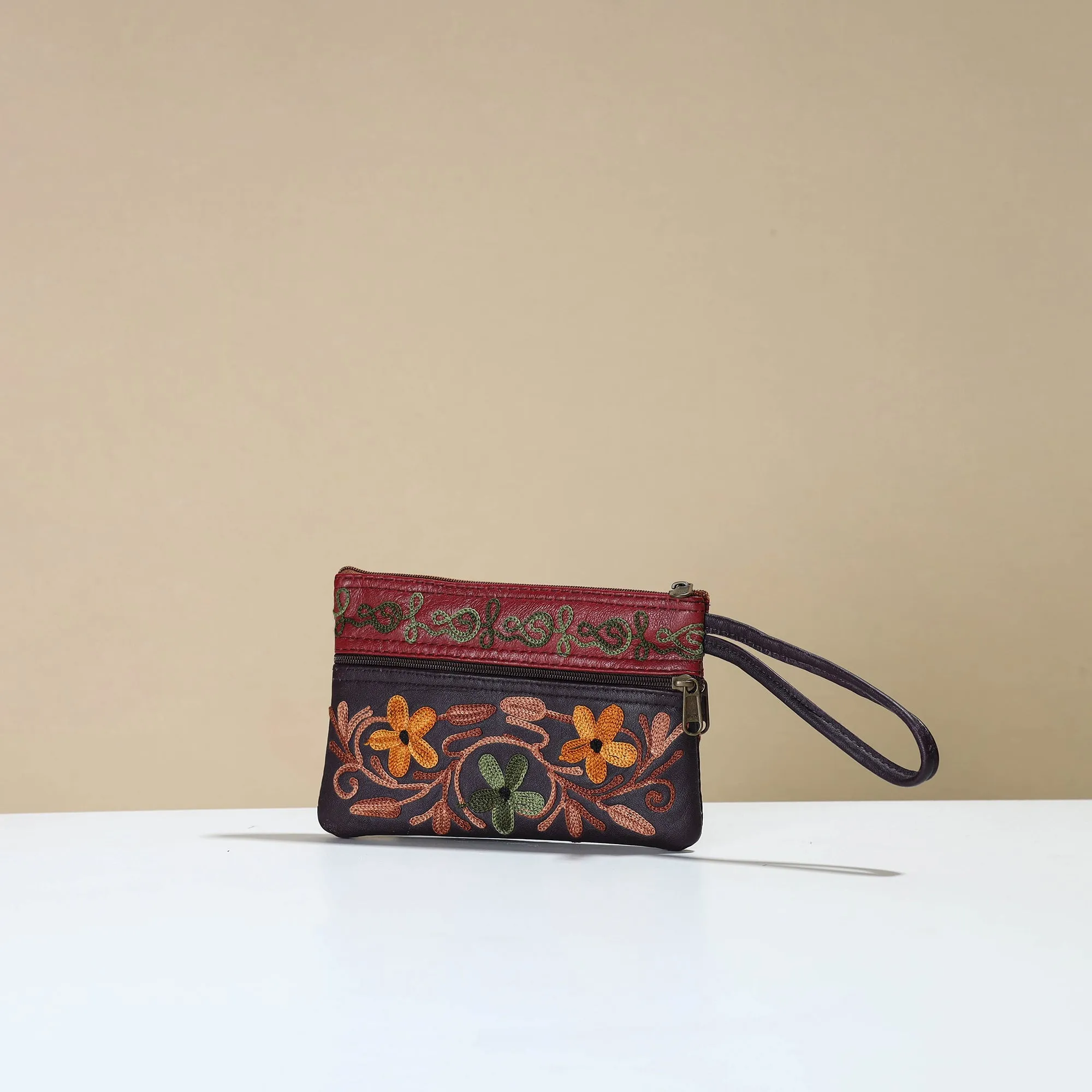 Black - Kashmiri Crewel Hand Embroidery Leather Clutch 11