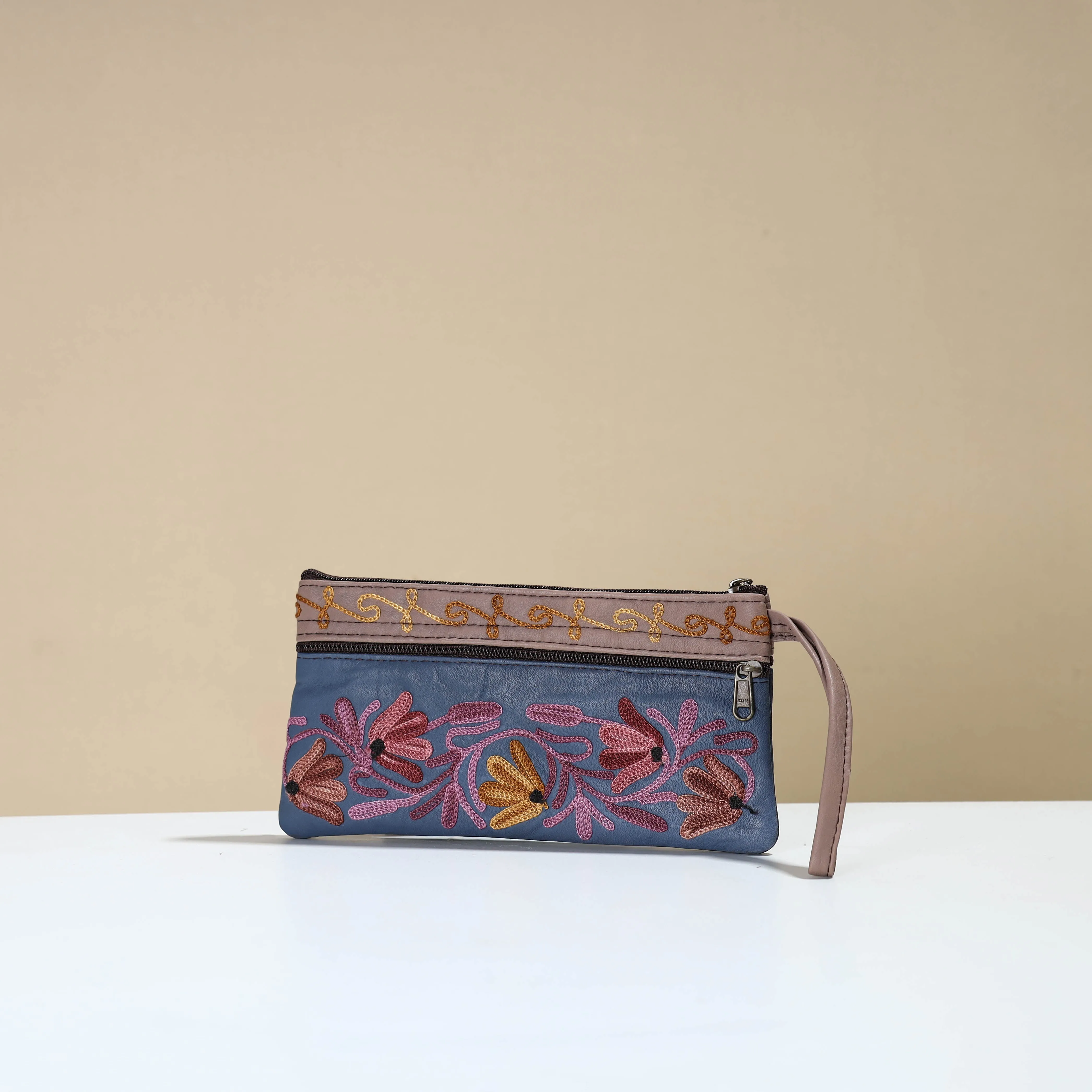Blue - Kashmiri Crewel Hand Embroidery Leather Clutch 15