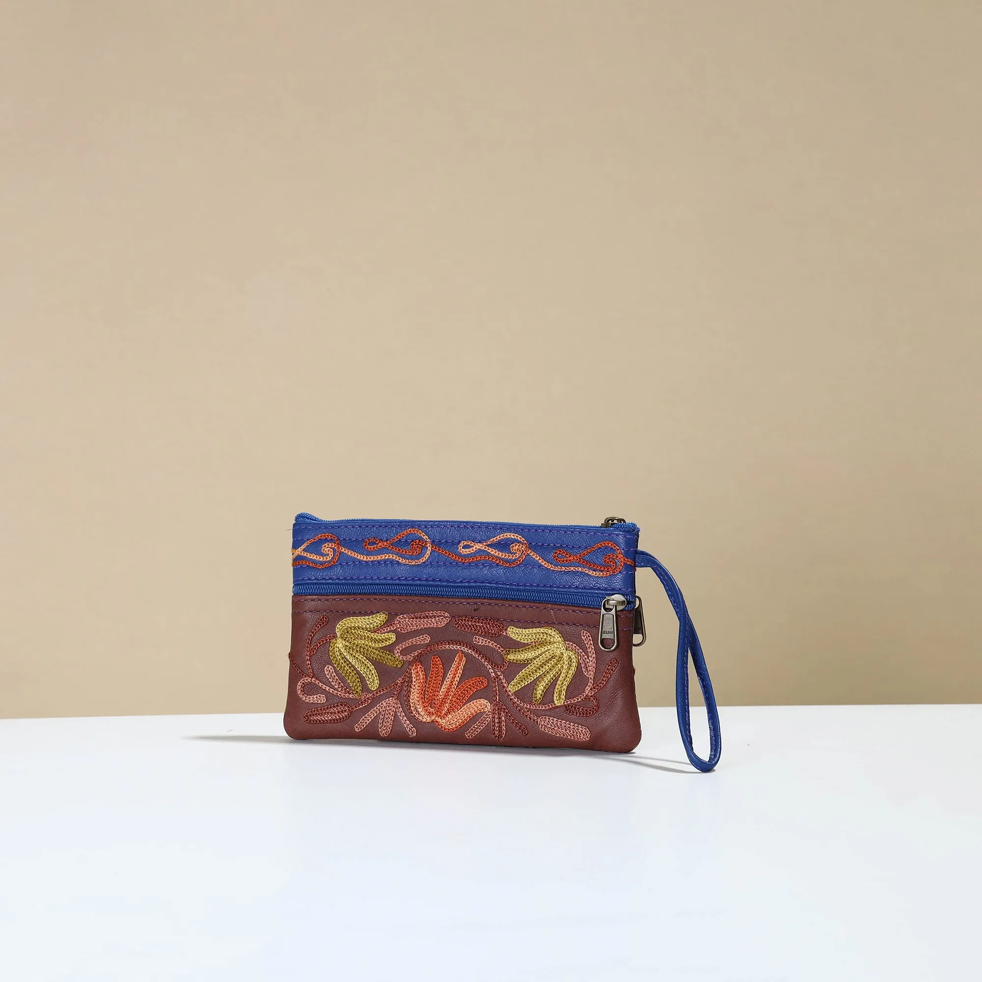 Brown - Kashmiri Crewel Hand Embroidery Leather Clutch 12