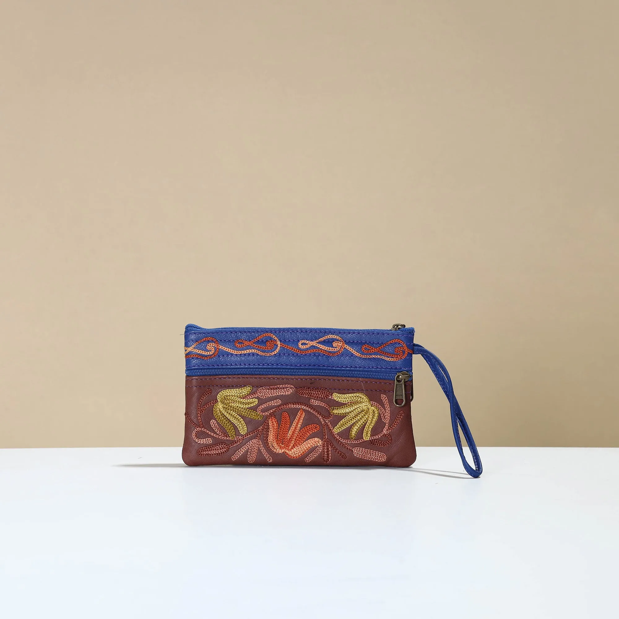 Brown - Kashmiri Crewel Hand Embroidery Leather Clutch 12