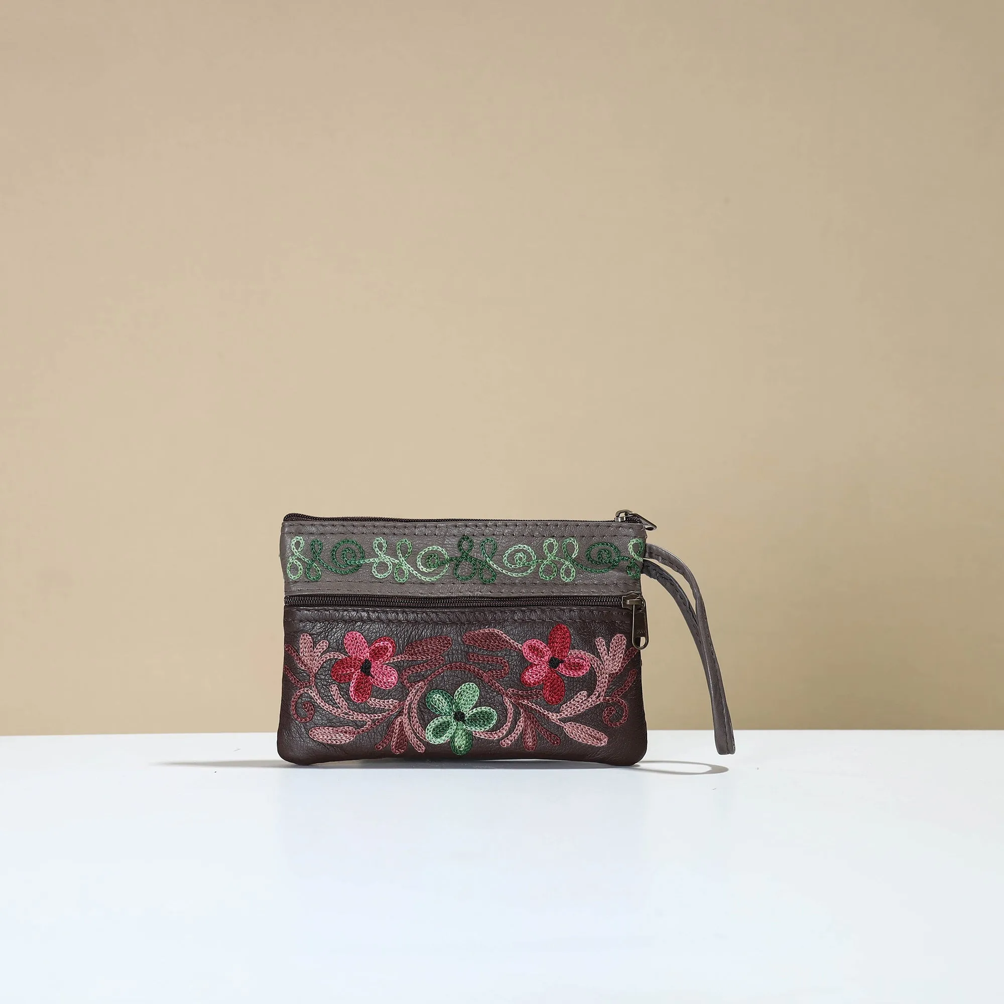 Brown - Kashmiri Crewel Hand Embroidery Leather Clutch 13