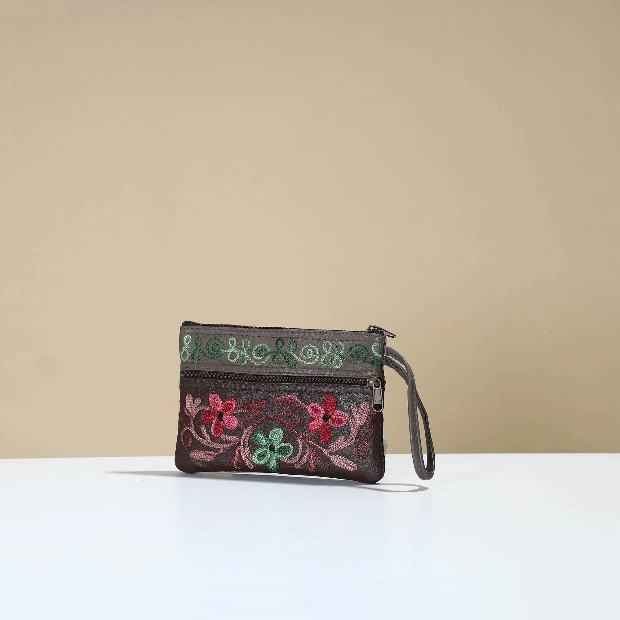 Brown - Kashmiri Crewel Hand Embroidery Leather Clutch 13