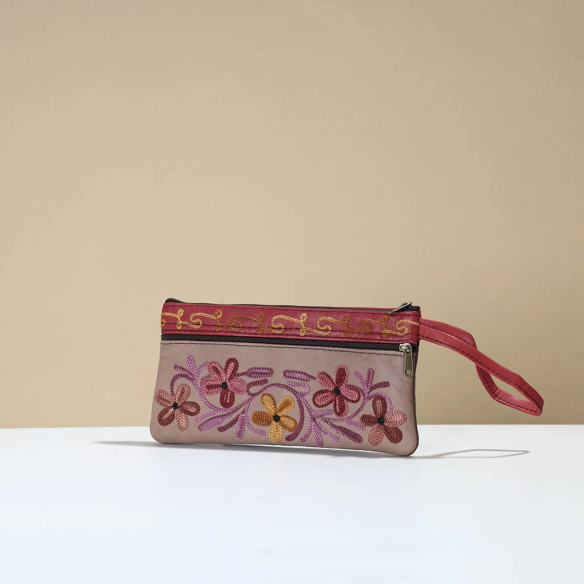 Brown - Kashmiri Crewel Hand Embroidery Leather Clutch 18