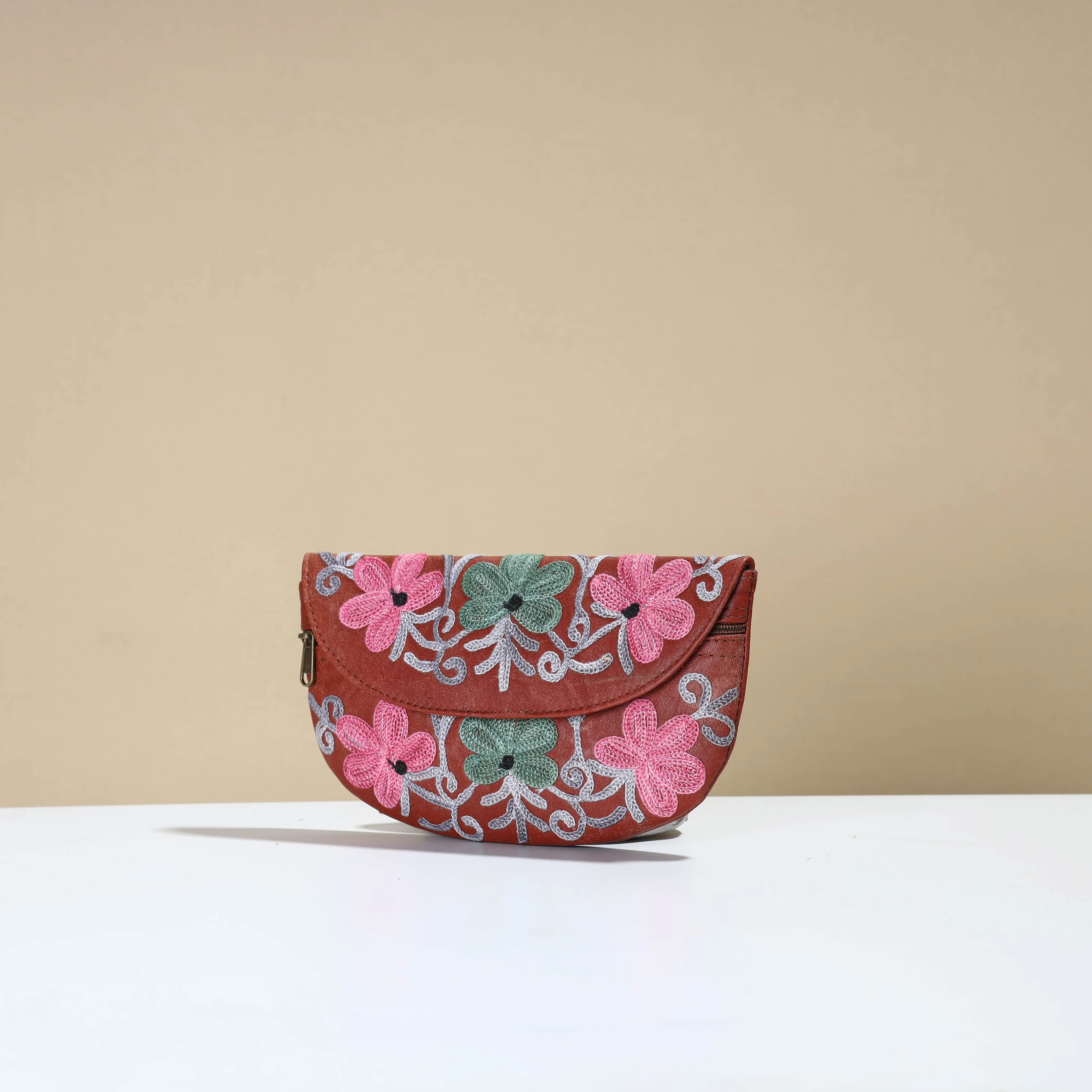 Brown - Kashmiri Crewel Hand Embroidery Leather Clutch 21