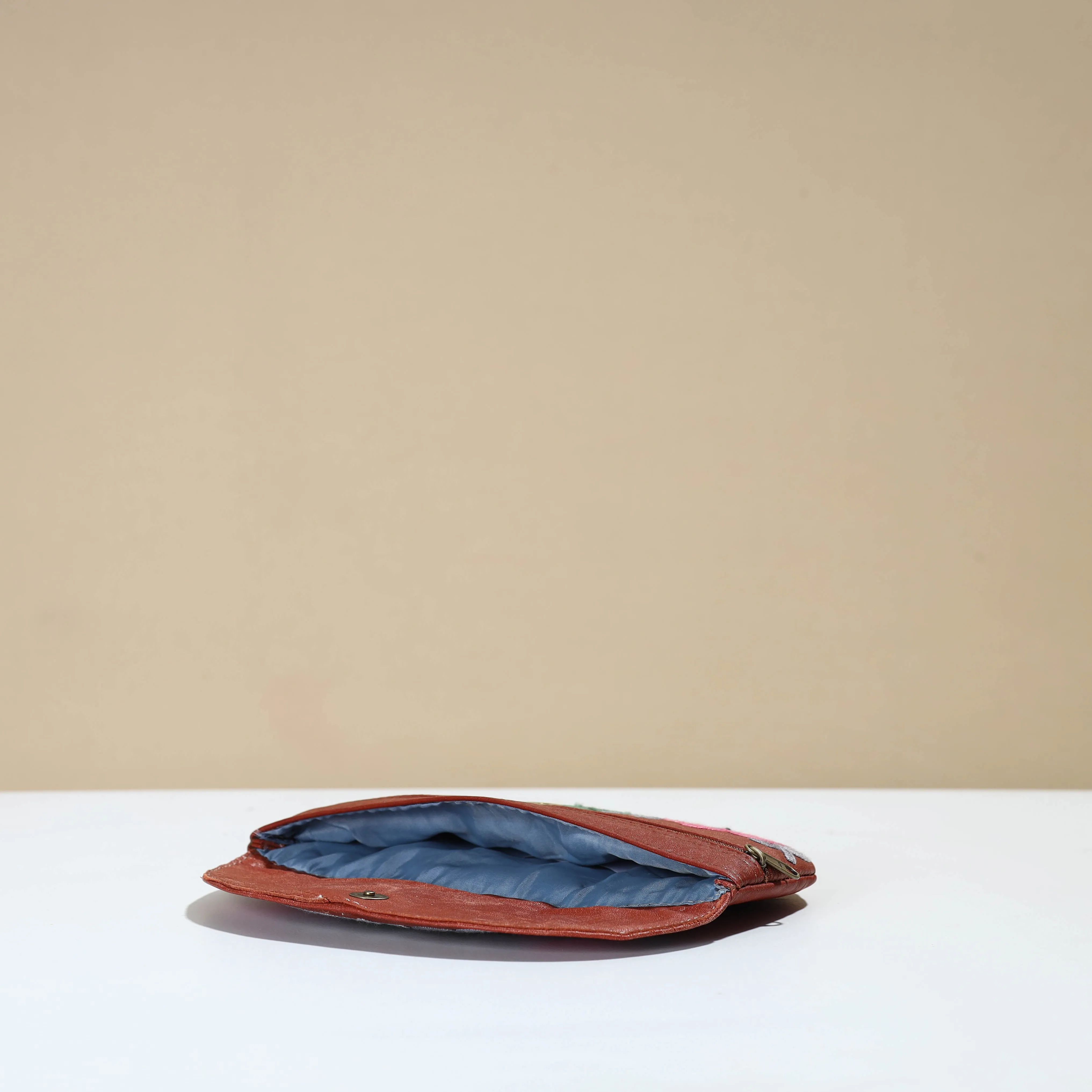 Brown - Kashmiri Crewel Hand Embroidery Leather Clutch 21