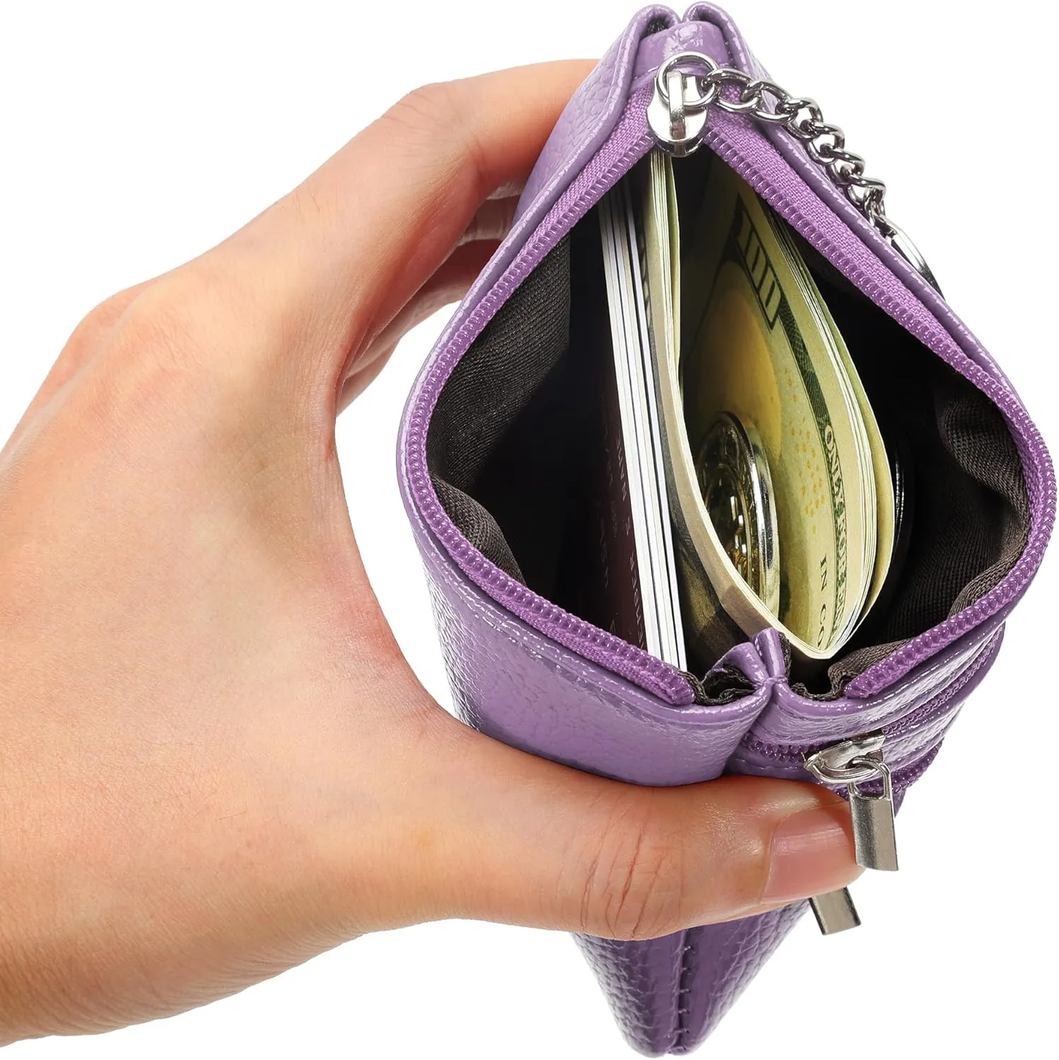 Chelmon 2 Pack Coin Purse Pouch Change Card Holder Wallet with Keychain for Women and Men (Black & Light Purple)