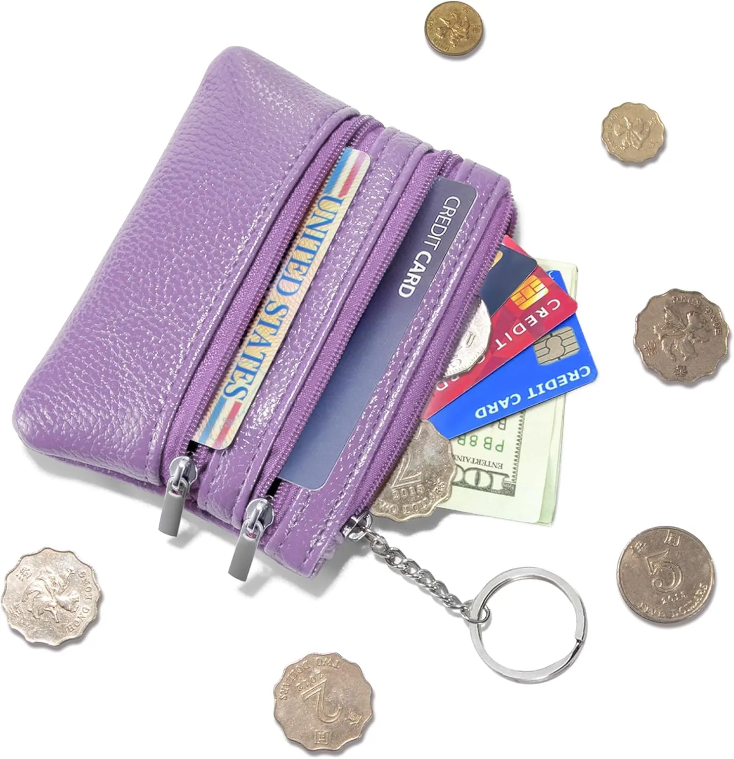 Chelmon 2 Pack Coin Purse Pouch Change Card Holder Wallet with Keychain for Women and Men (Black & Light Purple)