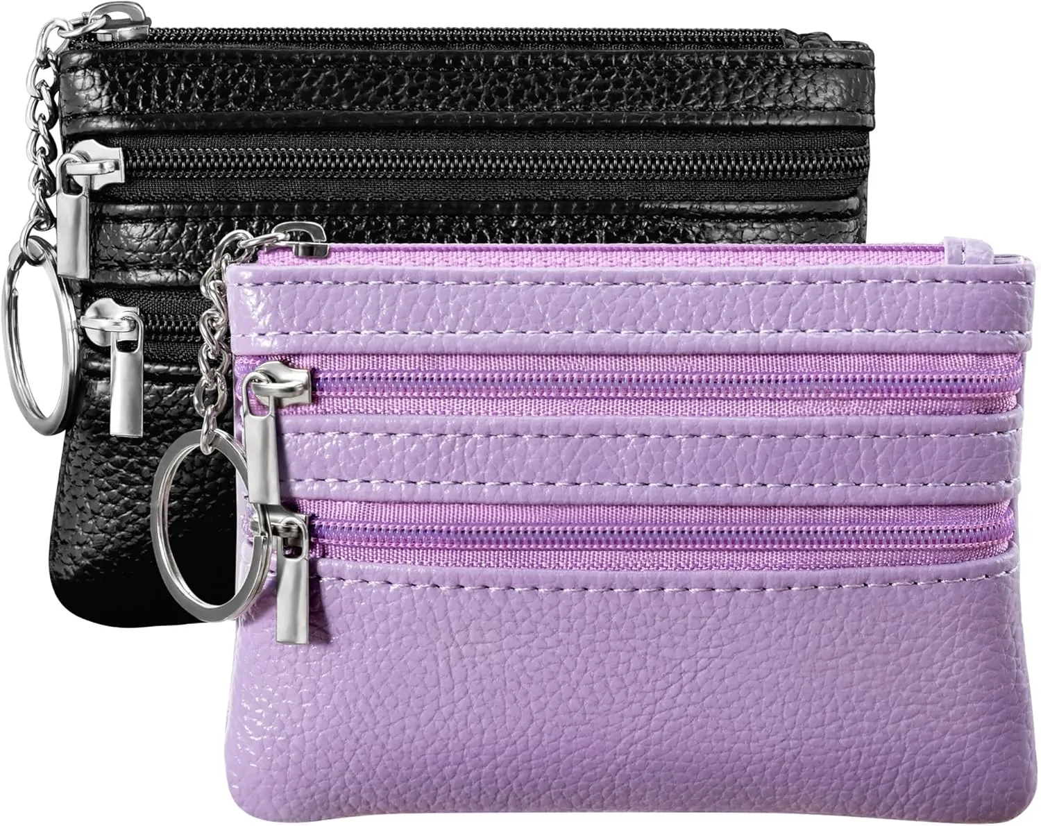 Chelmon 2 Pack Coin Purse Pouch Change Card Holder Wallet with Keychain for Women and Men (Black & Light Purple)
