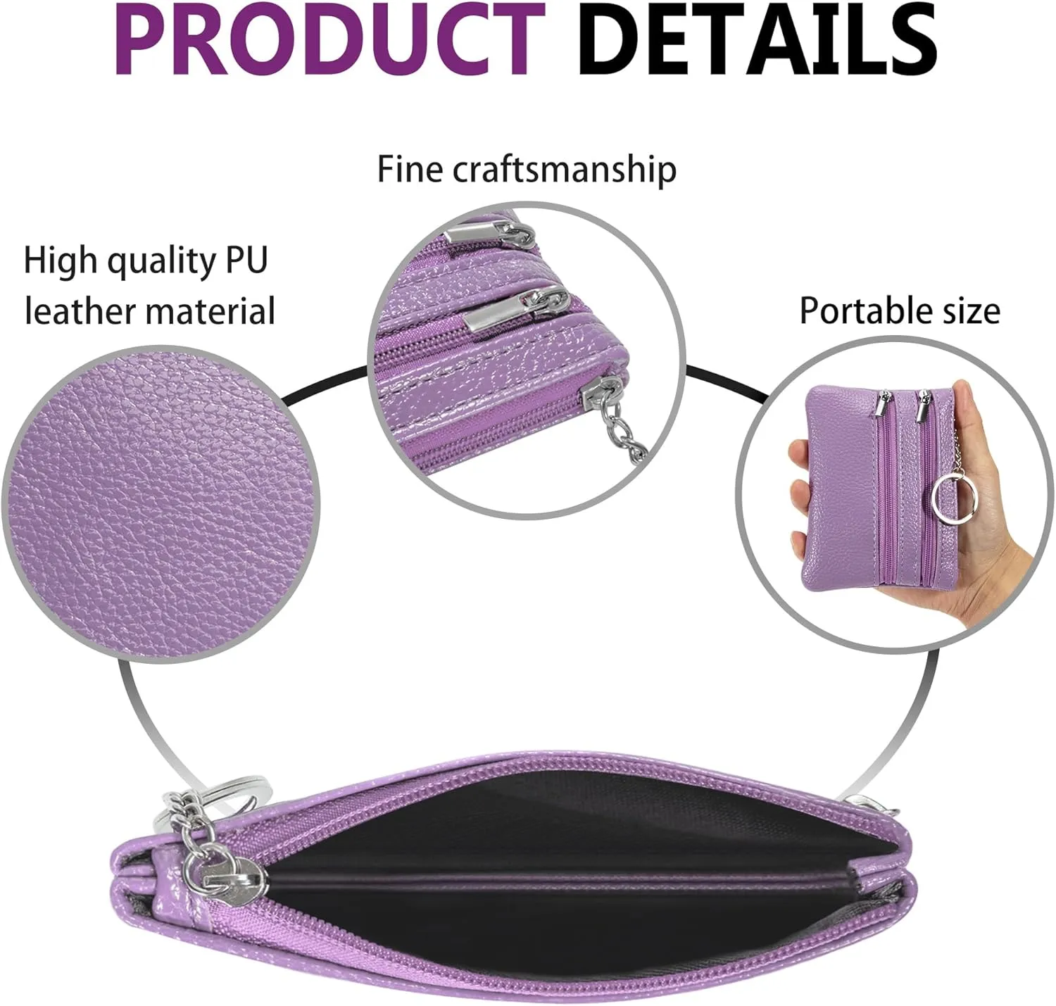 Chelmon 2 Pack Coin Purse Pouch Change Card Holder Wallet with Keychain for Women and Men (Black & Light Purple)