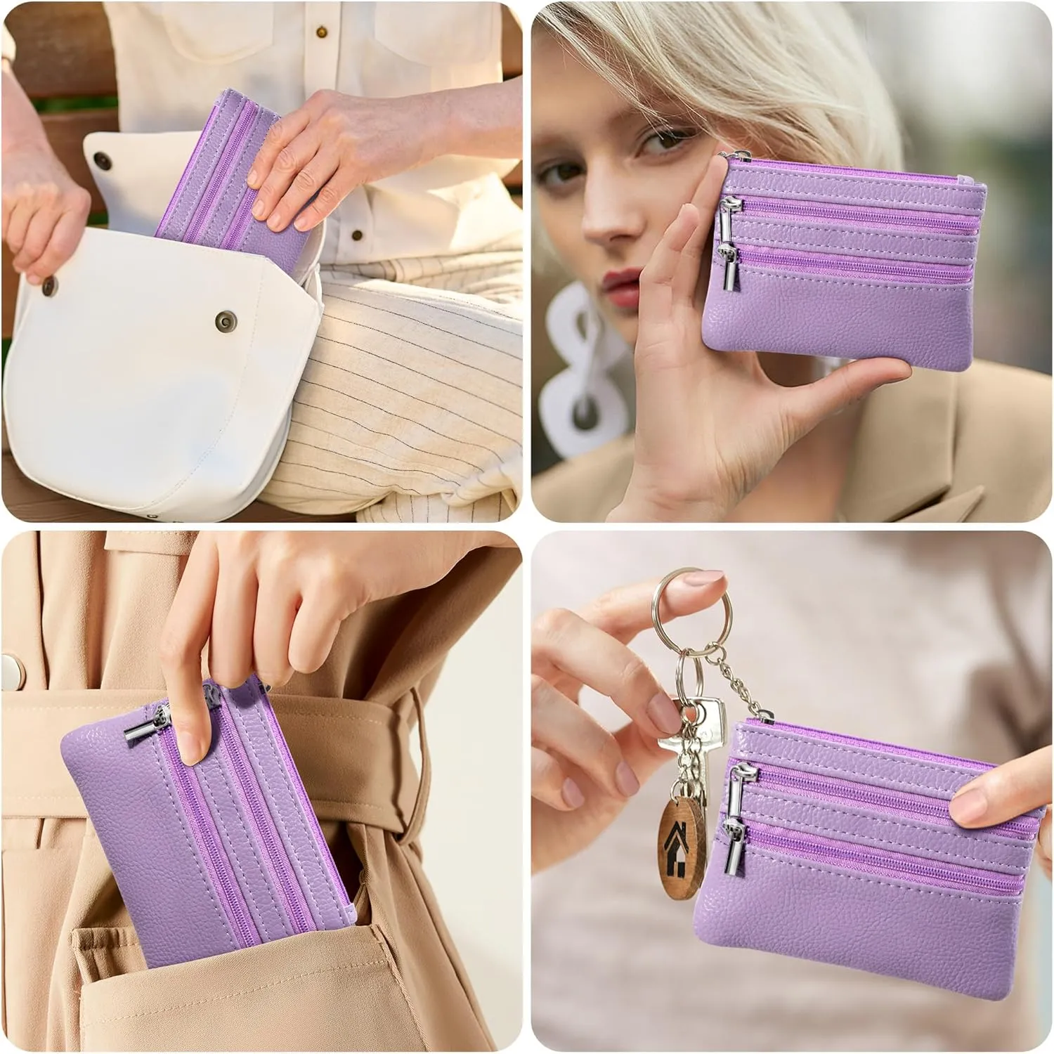 Chelmon 2 Pack Coin Purse Pouch Change Card Holder Wallet with Keychain for Women and Men (Black & Light Purple)