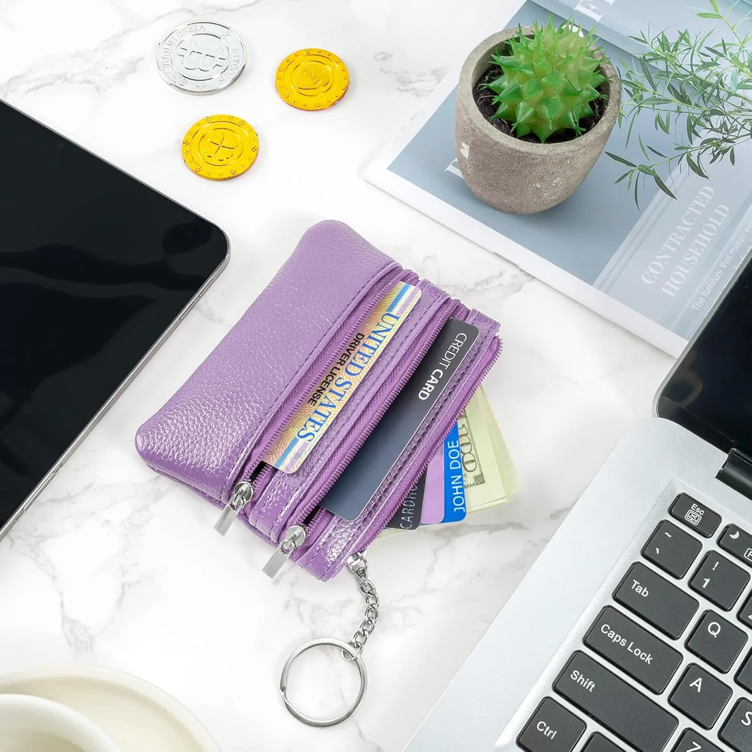 Chelmon 2 Pack Coin Purse Pouch Change Card Holder Wallet with Keychain for Women and Men (Black & Light Purple)