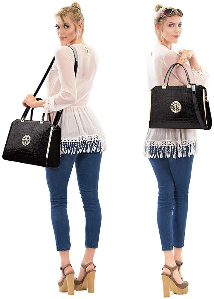 Croco Black Large Satchel Handbag With Matching Wallet