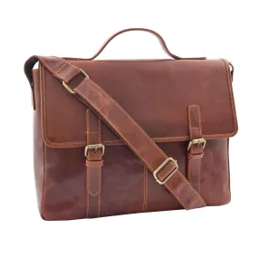 DR361 Men's Leather Cross Body Flap Over Briefcase Brown