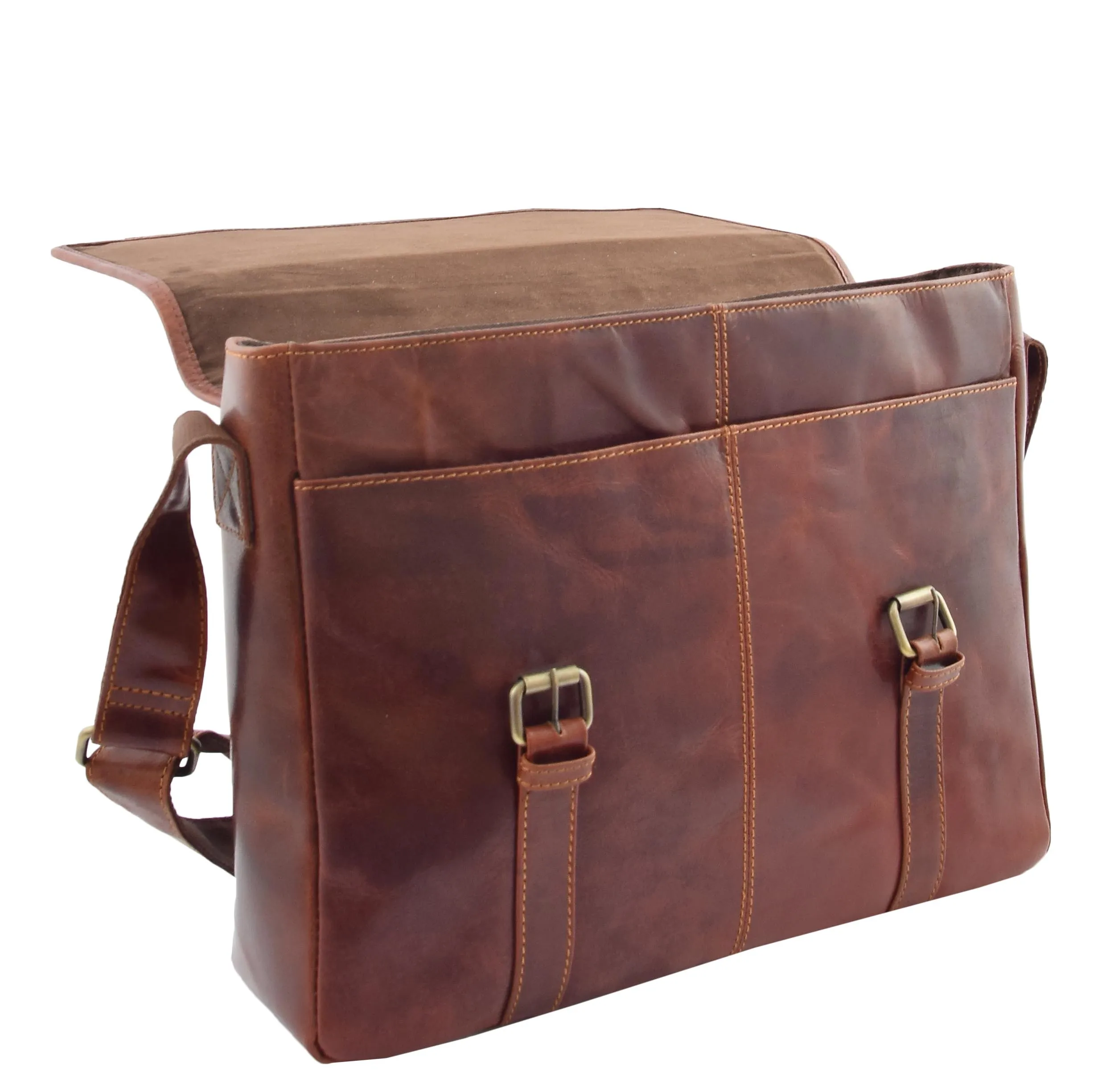 DR361 Men's Leather Cross Body Flap Over Briefcase Brown