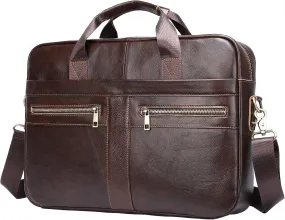 Genuine Leather Briefcase for Men, Laptop Computer Shoulder Bag With Strap, 15.6 Inch Business Travel Work Handbag