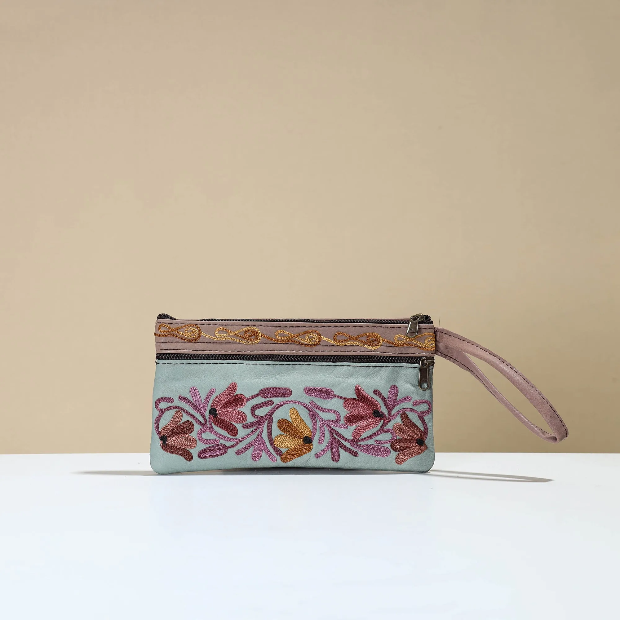 Green - Kashmiri Crewel Hand Embroidery Leather Clutch 16