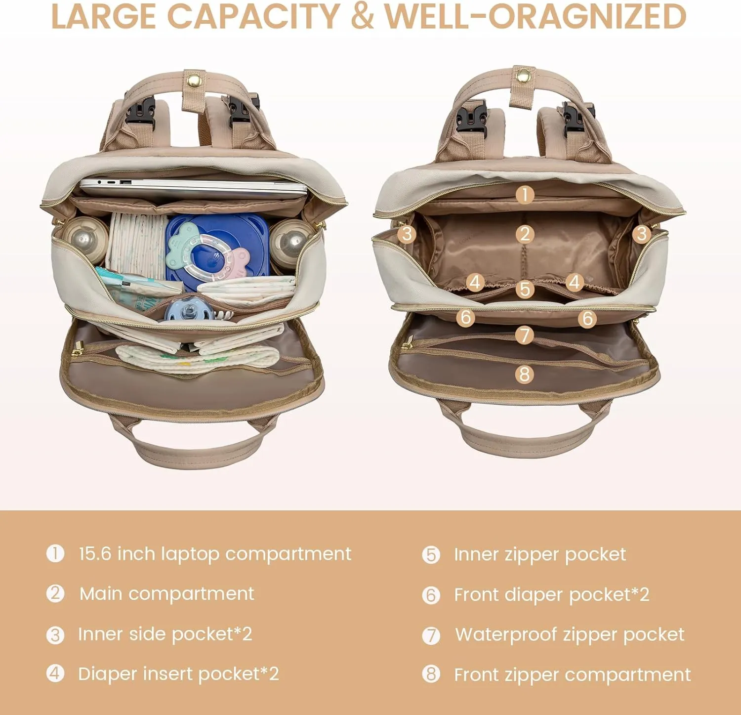 LOVEVOOK Diaper Bag Backpack, Baby Bag with Changing Pad, Large Diaper Backpack Boy Girl, Waterproof Baby Registry Bag for Mom Dad with Stroller Buckles, Beige-khaki
