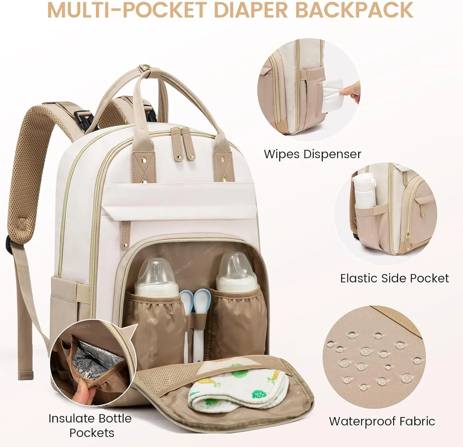 LOVEVOOK Diaper Bag Backpack, Baby Bag with Changing Pad, Large Diaper Backpack Boy Girl, Waterproof Baby Registry Bag for Mom Dad with Stroller Buckles, Beige-khaki