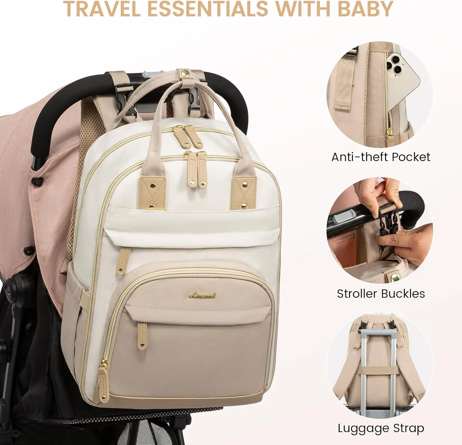 LOVEVOOK Diaper Bag Backpack, Baby Bag with Changing Pad, Large Diaper Backpack Boy Girl, Waterproof Baby Registry Bag for Mom Dad with Stroller Buckles, Beige-khaki