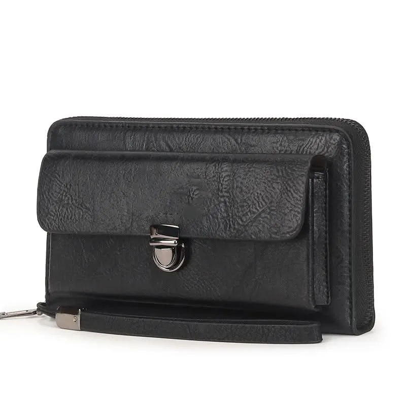 Men’s PU Leather Long Wallet – Multi-Card Clutch with Zipper & Phone Slot