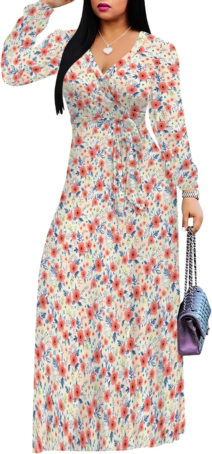 PinkPatty Women's Long Sleeves V Neck Maxi Dresses Flowy Party Wedding Guest Dress with Belted