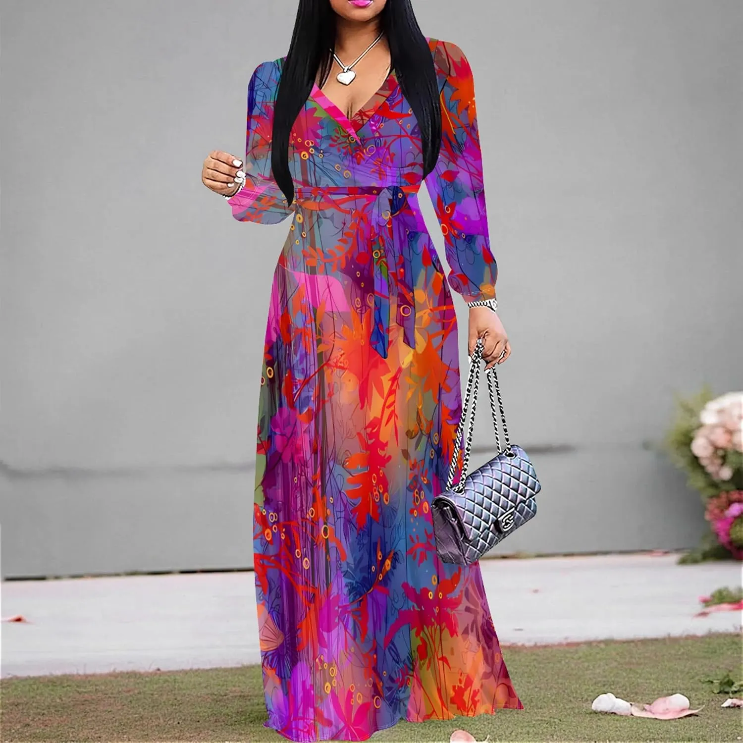 PinkPatty Women's Long Sleeves V Neck Maxi Dresses Flowy Party Wedding Guest Dress with Belted