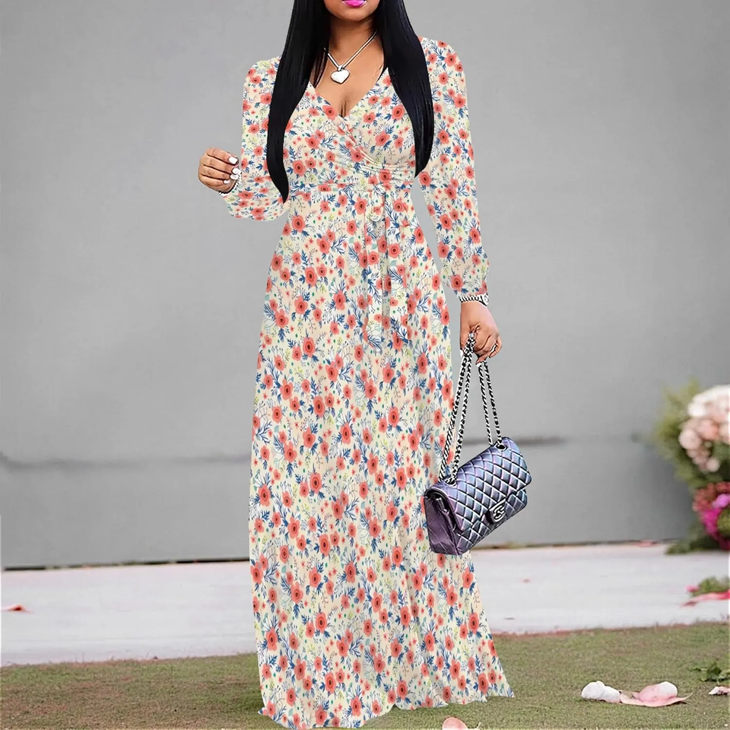PinkPatty Women's Long Sleeves V Neck Maxi Dresses Flowy Party Wedding Guest Dress with Belted