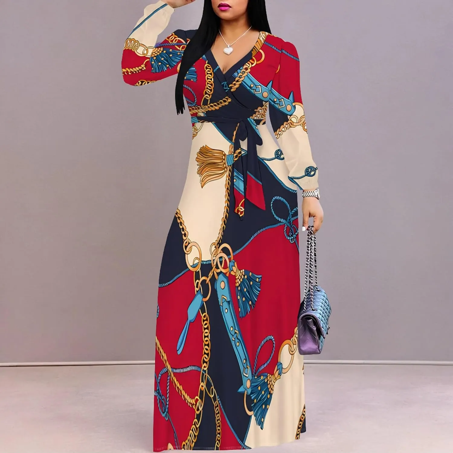 PinkPatty Women's Long Sleeves V Neck Maxi Dresses Flowy Party Wedding Guest Dress with Belted