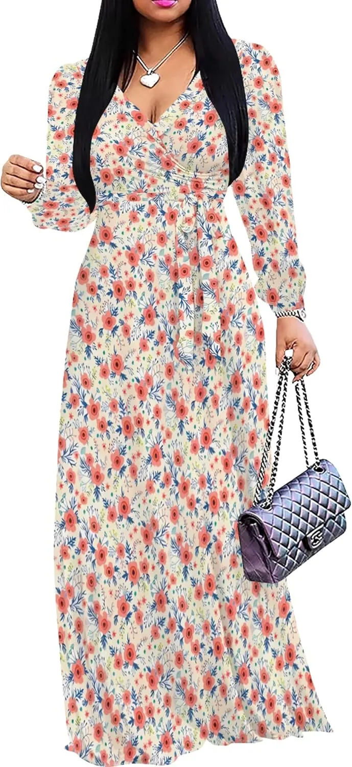 PinkPatty Women's Long Sleeves V Neck Maxi Dresses Flowy Party Wedding Guest Dress with Belted