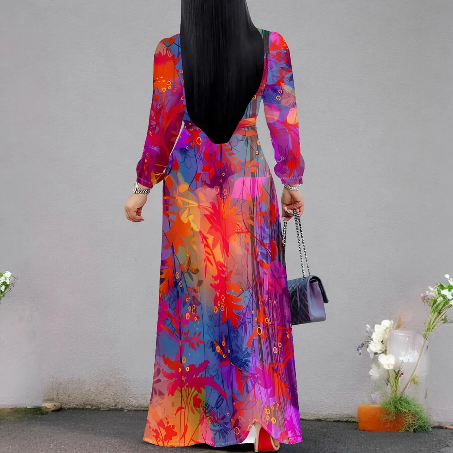 PinkPatty Women's Long Sleeves V Neck Maxi Dresses Flowy Party Wedding Guest Dress with Belted