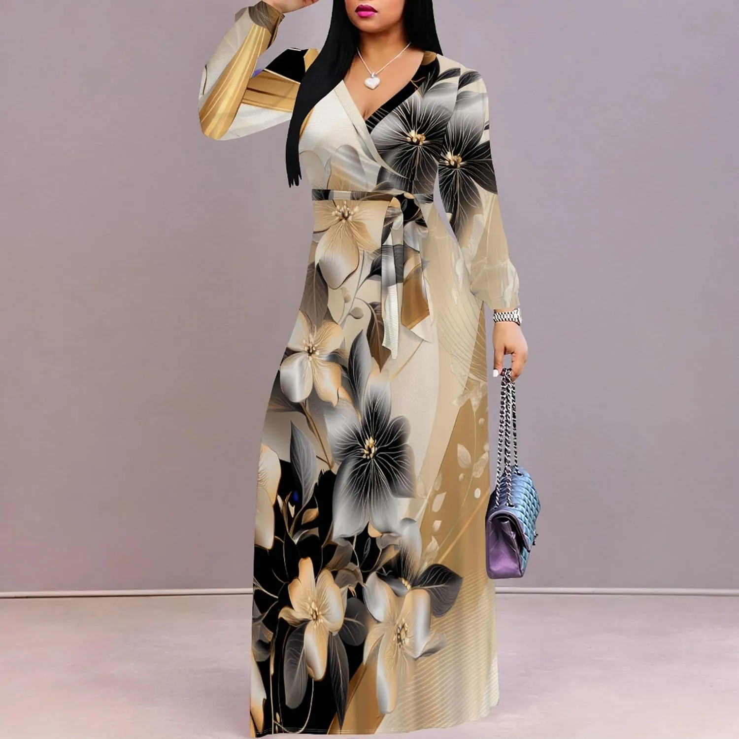 PinkPatty Women's Long Sleeves V Neck Maxi Dresses Flowy Party Wedding Guest Dress with Belted