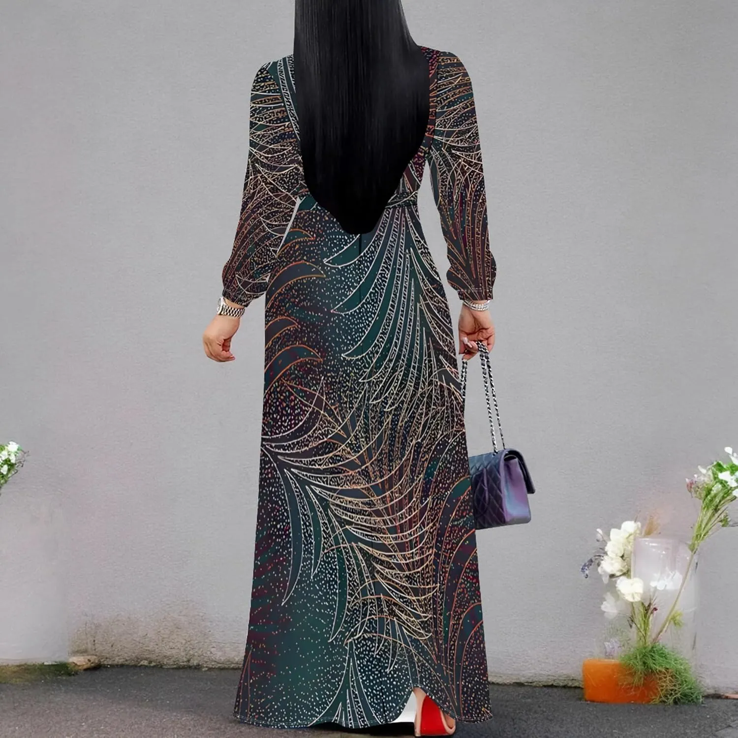 PinkPatty Women's Long Sleeves V Neck Maxi Dresses Flowy Party Wedding Guest Dress with Belted