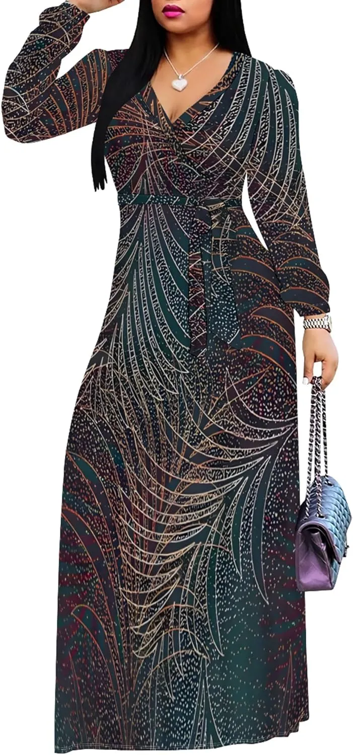 PinkPatty Women's Long Sleeves V Neck Maxi Dresses Flowy Party Wedding Guest Dress with Belted