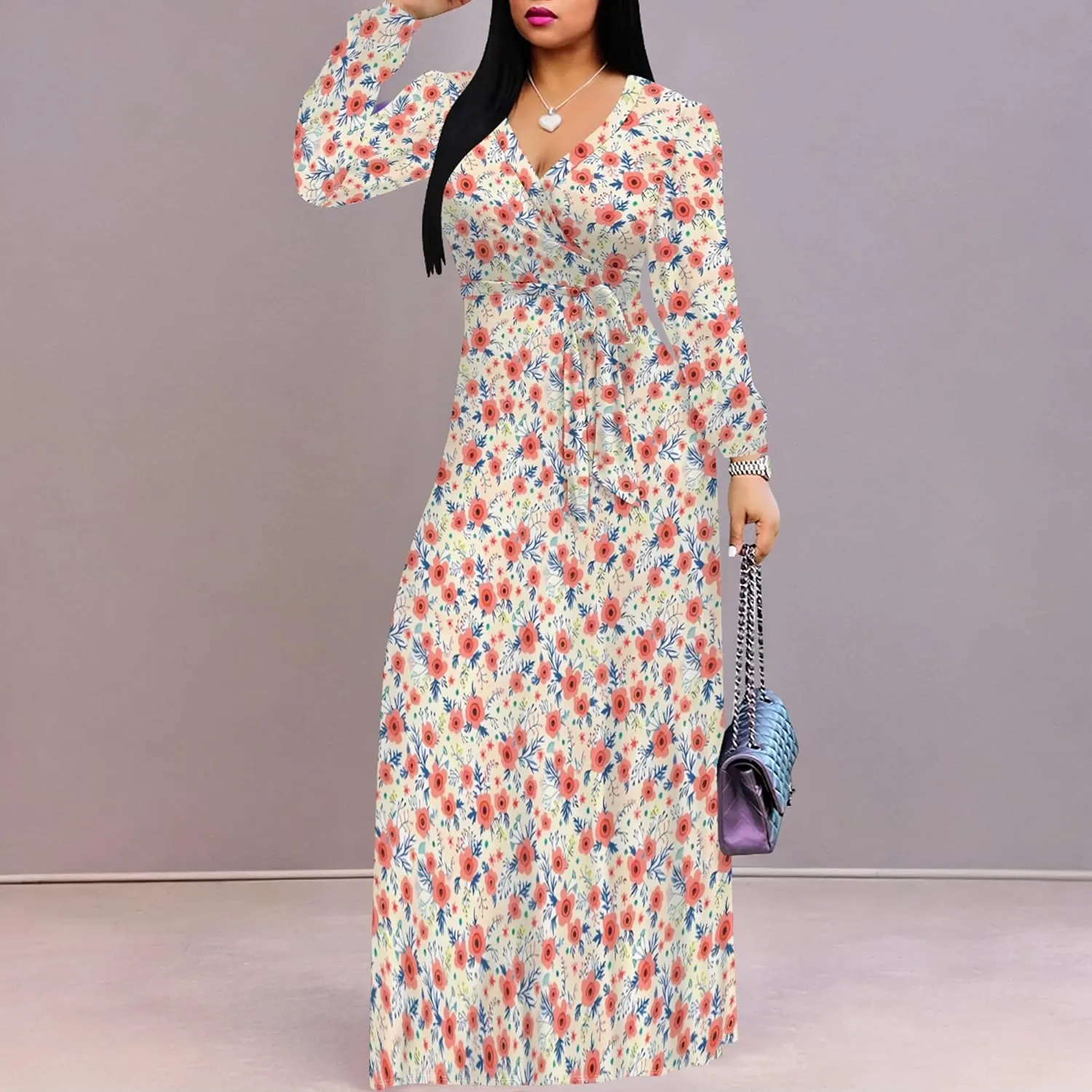 PinkPatty Women's Long Sleeves V Neck Maxi Dresses Flowy Party Wedding Guest Dress with Belted