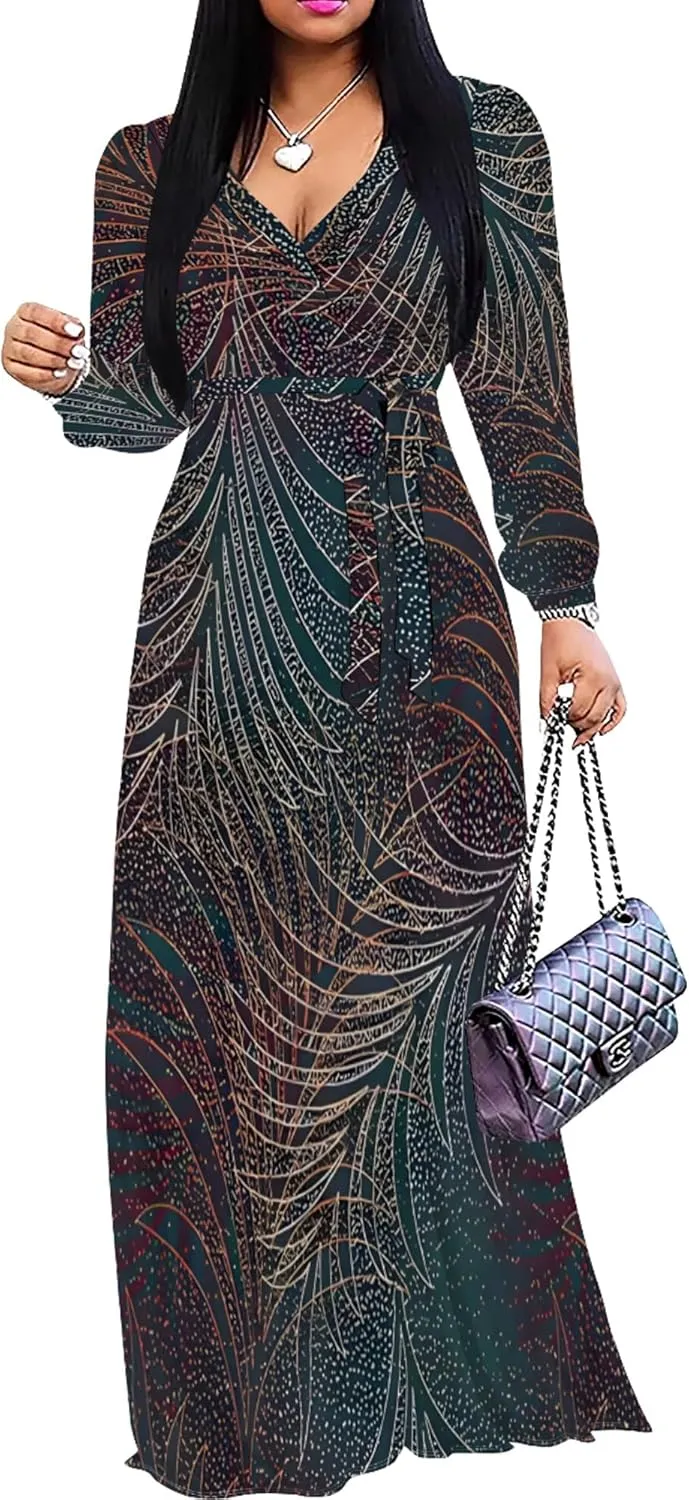 PinkPatty Women's Long Sleeves V Neck Maxi Dresses Flowy Party Wedding Guest Dress with Belted