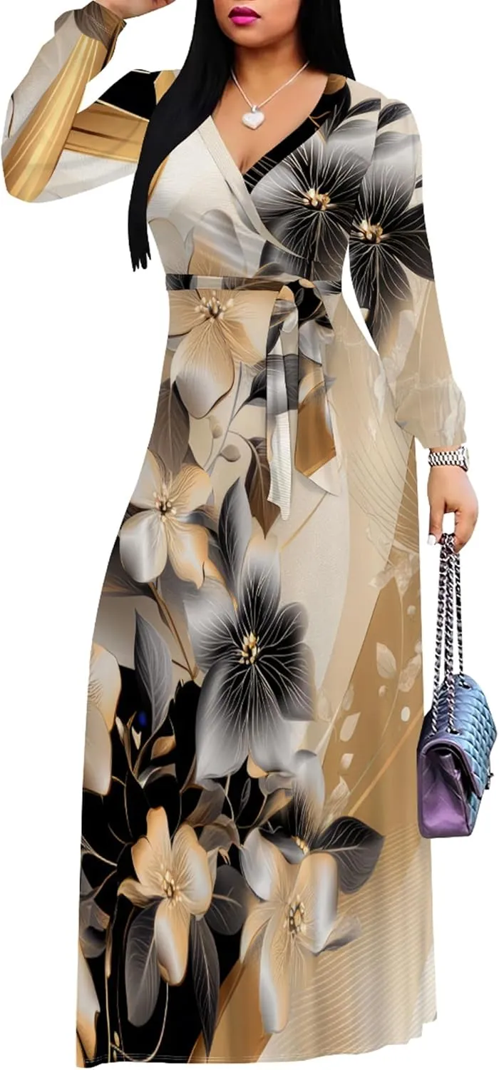 PinkPatty Women's Long Sleeves V Neck Maxi Dresses Flowy Party Wedding Guest Dress with Belted