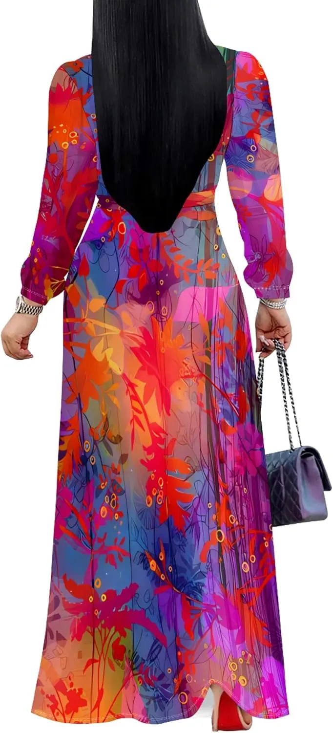 PinkPatty Women's Long Sleeves V Neck Maxi Dresses Flowy Party Wedding Guest Dress with Belted
