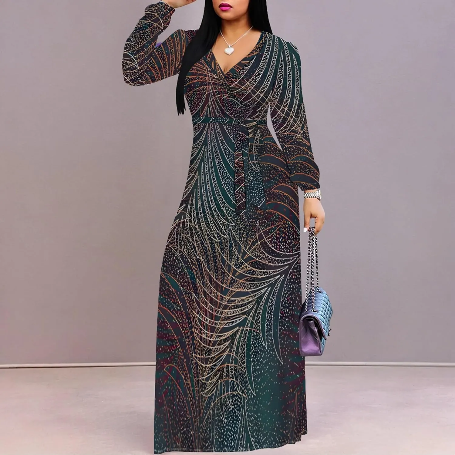 PinkPatty Women's Long Sleeves V Neck Maxi Dresses Flowy Party Wedding Guest Dress with Belted