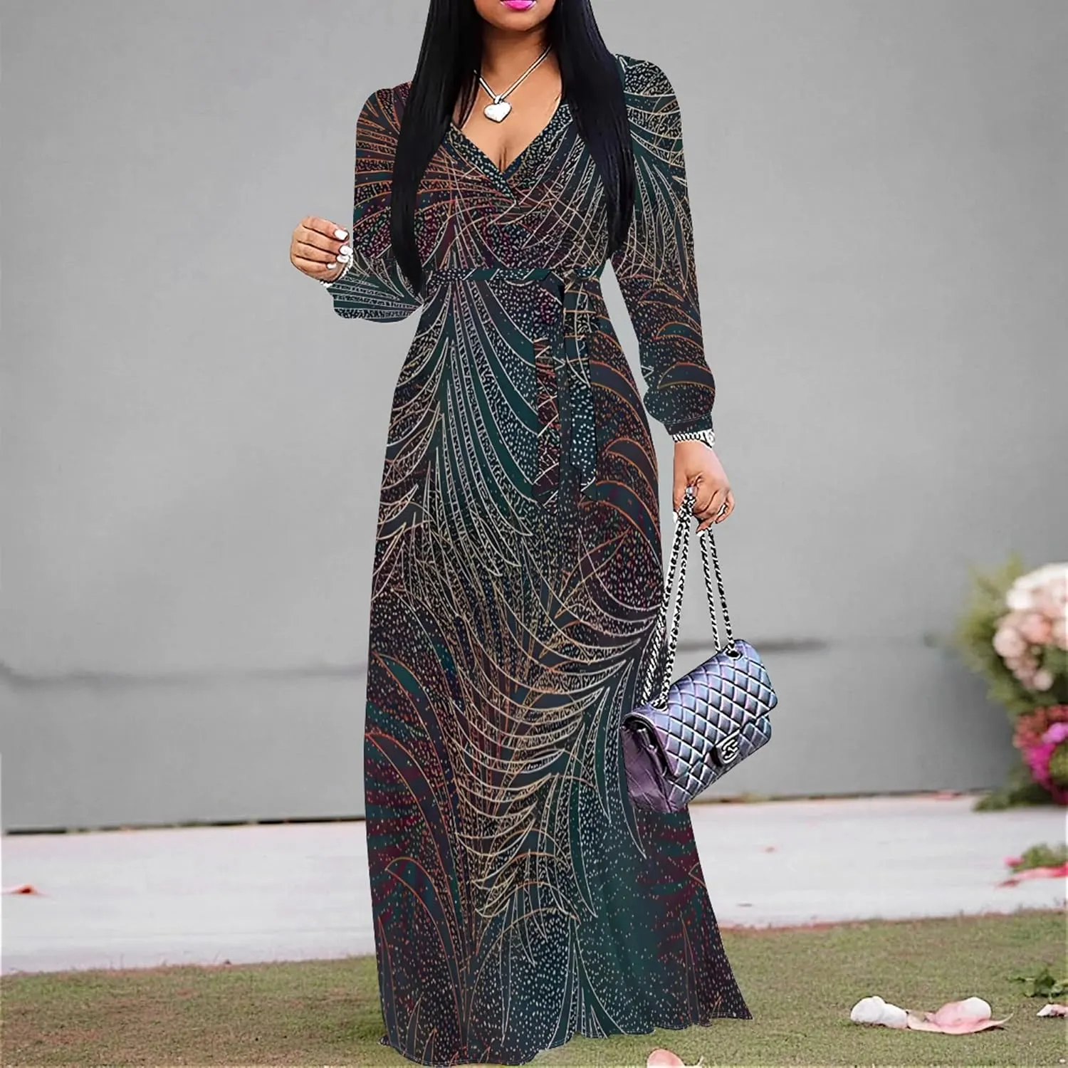 PinkPatty Women's Long Sleeves V Neck Maxi Dresses Flowy Party Wedding Guest Dress with Belted