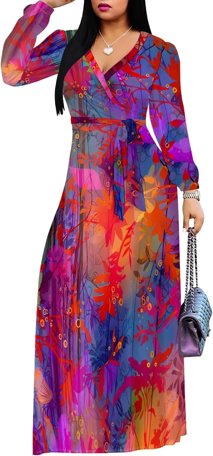 PinkPatty Women's Long Sleeves V Neck Maxi Dresses Flowy Party Wedding Guest Dress with Belted