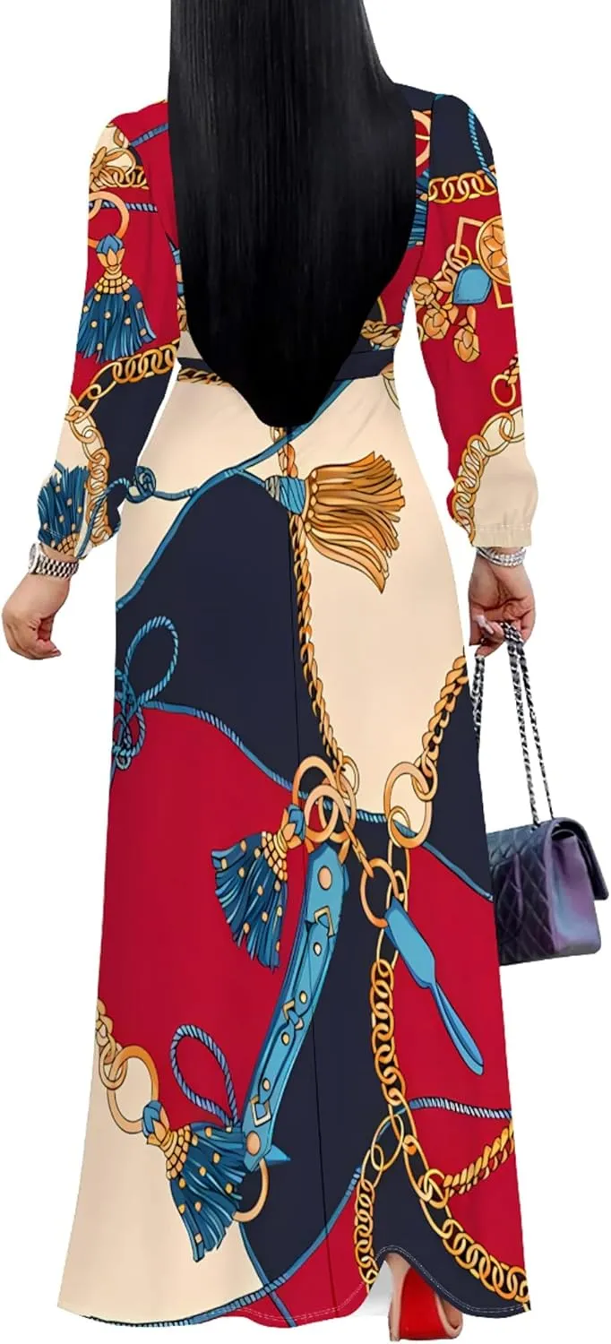 PinkPatty Women's Long Sleeves V Neck Maxi Dresses Flowy Party Wedding Guest Dress with Belted