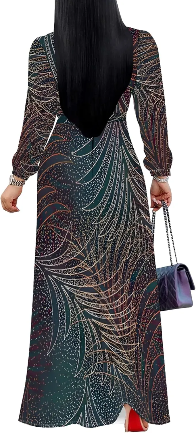 PinkPatty Women's Long Sleeves V Neck Maxi Dresses Flowy Party Wedding Guest Dress with Belted