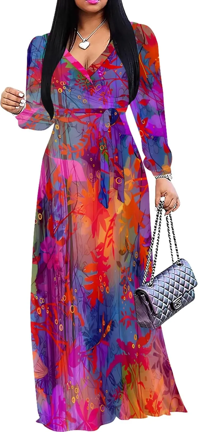 PinkPatty Women's Long Sleeves V Neck Maxi Dresses Flowy Party Wedding Guest Dress with Belted
