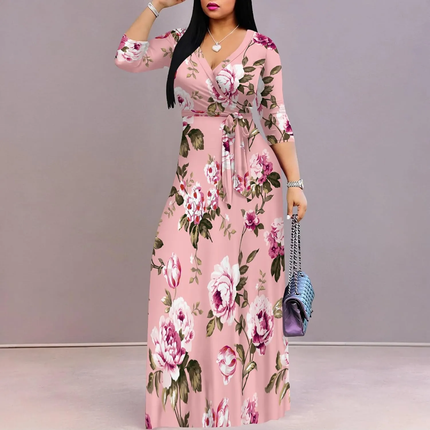 PinkPatty Women's Plus Size Maxi Dresses 3/4 Sleeves Bohemian Long Dress Printed Swing Dress with Belt