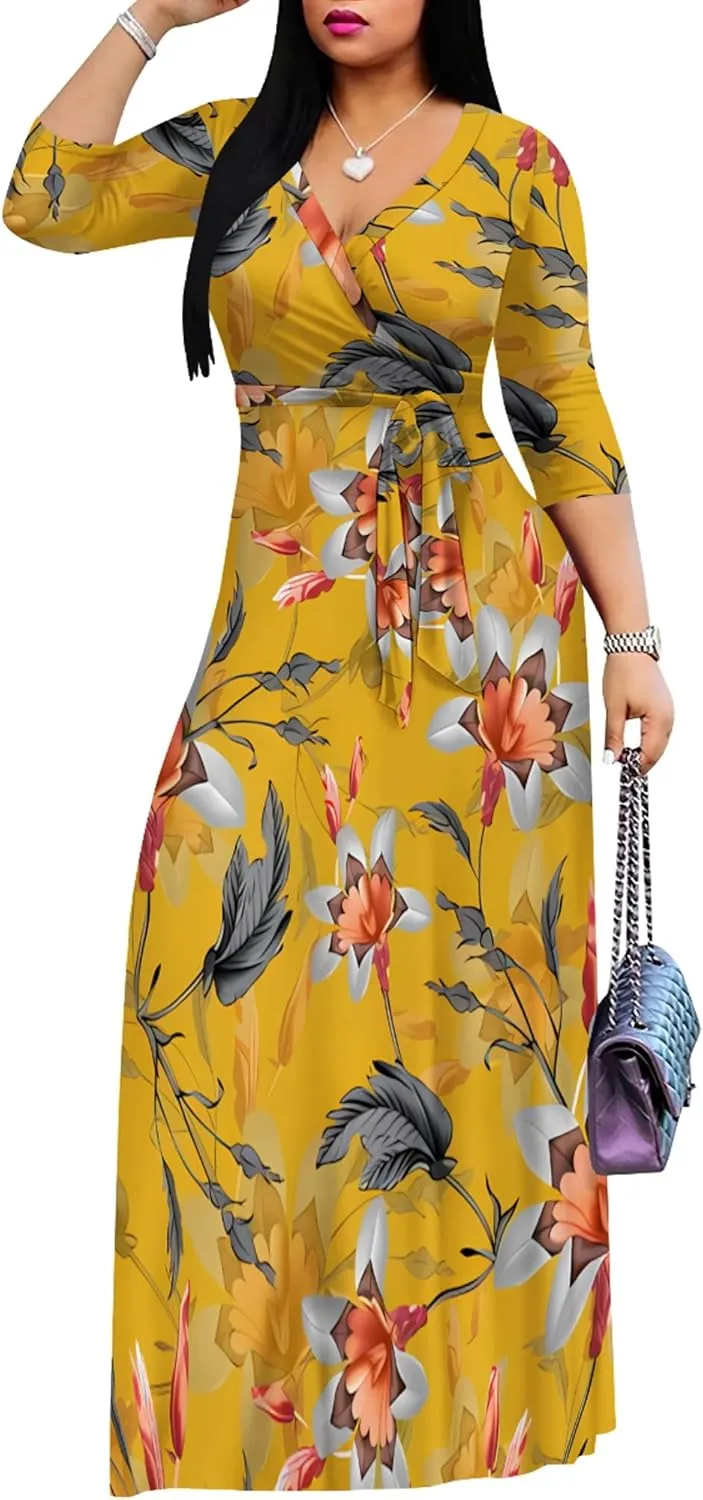 PinkPatty Women's Plus Size Maxi Dresses 3/4 Sleeves Bohemian Long Dress Printed Swing Dress with Belt