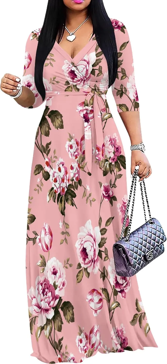 PinkPatty Women's Plus Size Maxi Dresses 3/4 Sleeves Bohemian Long Dress Printed Swing Dress with Belt