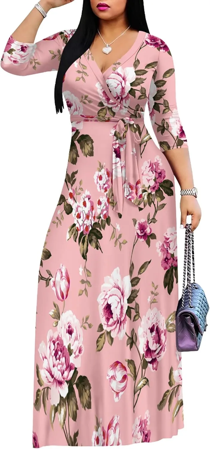 PinkPatty Women's Plus Size Maxi Dresses 3/4 Sleeves Bohemian Long Dress Printed Swing Dress with Belt