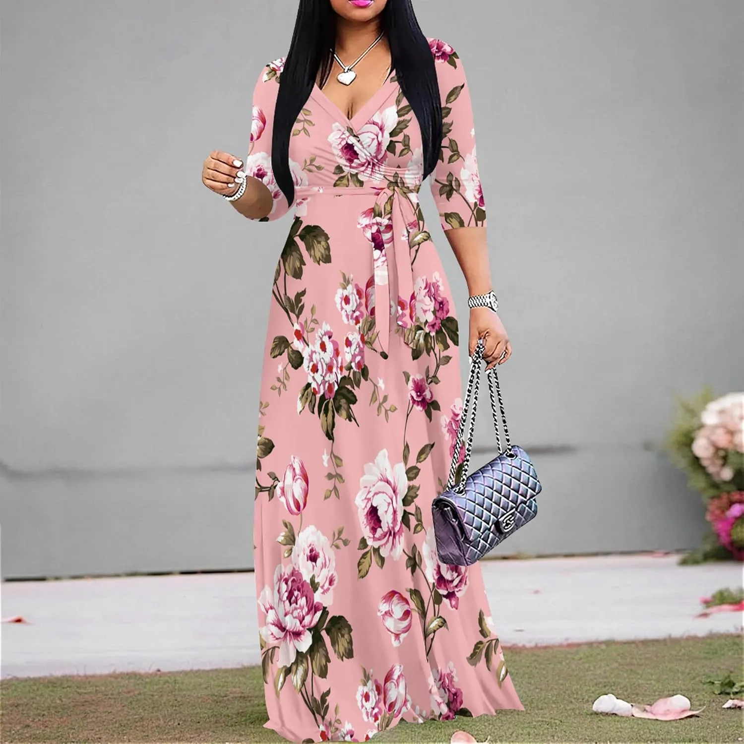 PinkPatty Women's Plus Size Maxi Dresses 3/4 Sleeves Bohemian Long Dress Printed Swing Dress with Belt
