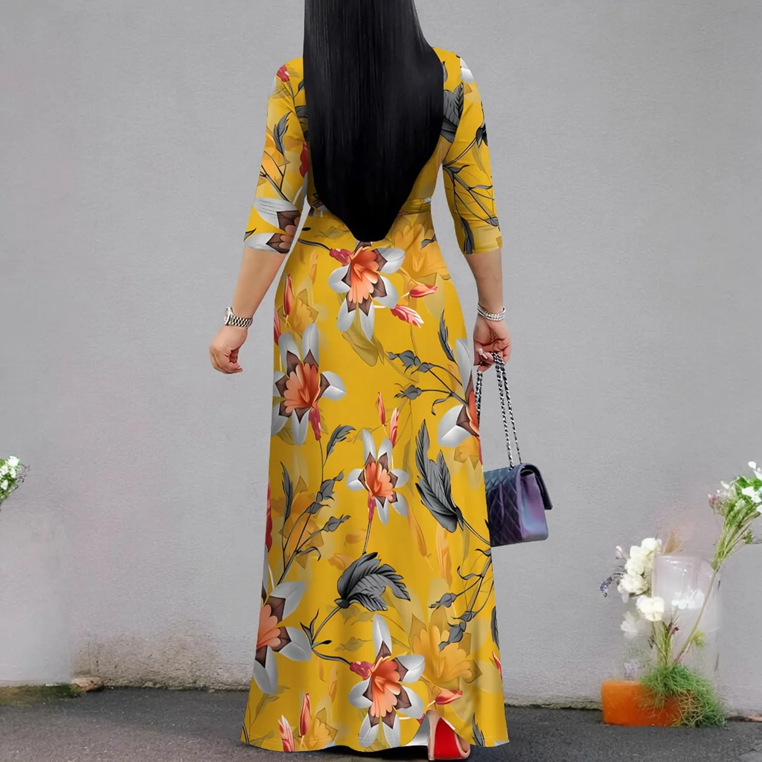 PinkPatty Women's Plus Size Maxi Dresses 3/4 Sleeves Bohemian Long Dress Printed Swing Dress with Belt